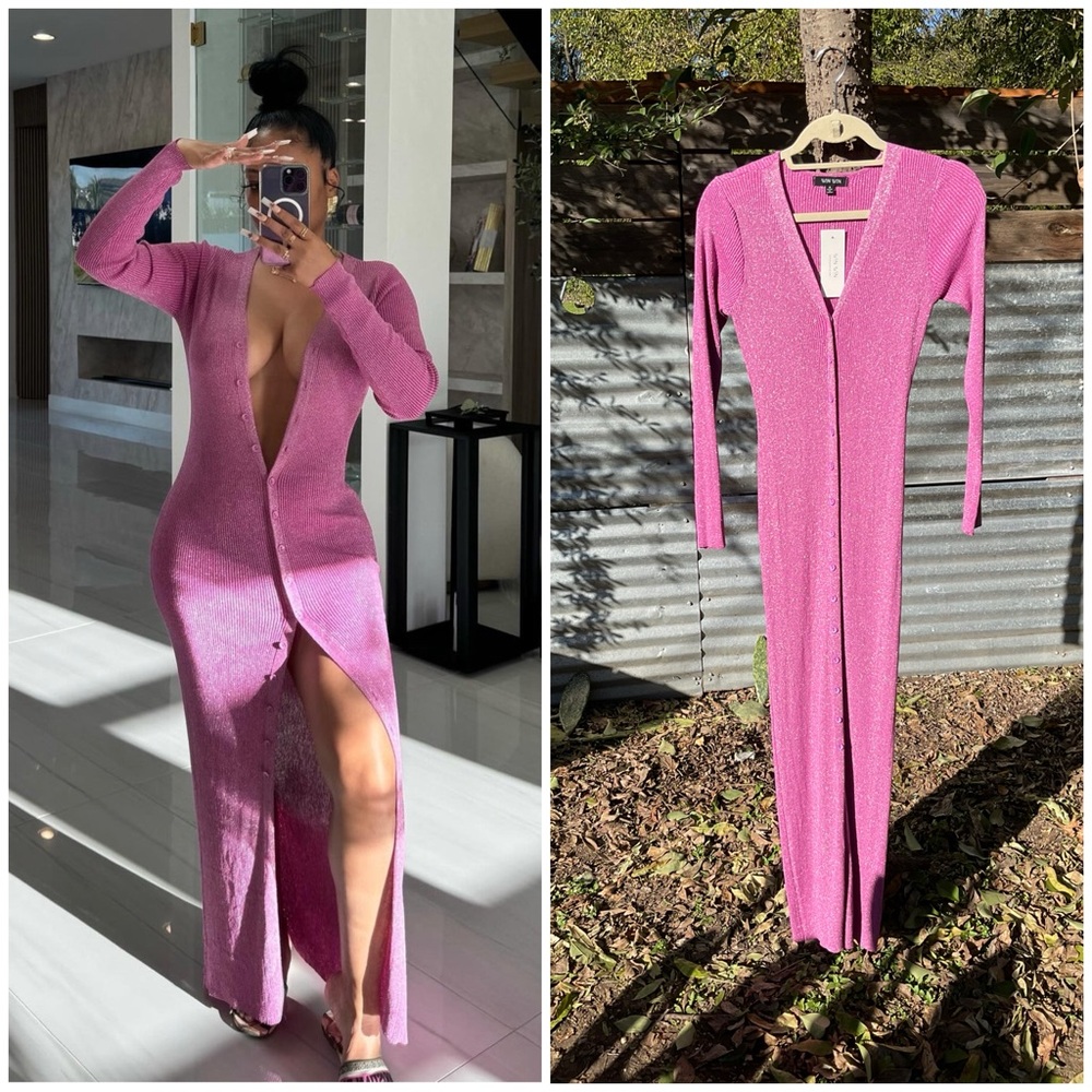 Berry Metallic Glittery Ribbed Button Down Maxi Dress
